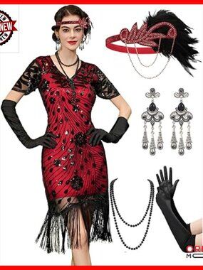 Flapper Dress 1920s Gatsby Costume with Fringe Sequins Beading X-Large